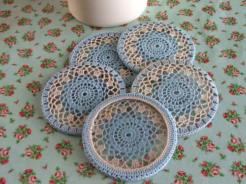 Crochet covered glass coasters