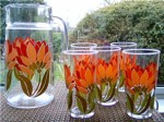 Floral  Jug and 5 Glasses