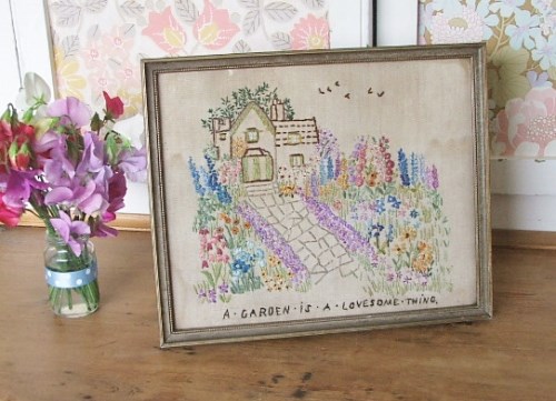 Vintage framed 'Garden' embroidery