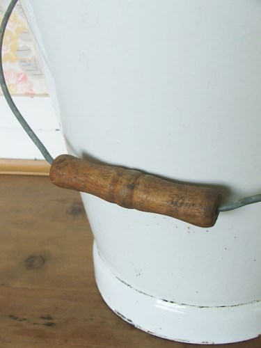 White Vintage Enamel Bucket with blue trim